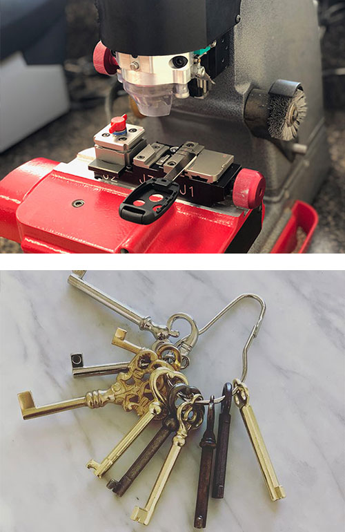 image of a key cutter cutting a new transponder head key for a car (top) and a set of skeleton keys (bottom)