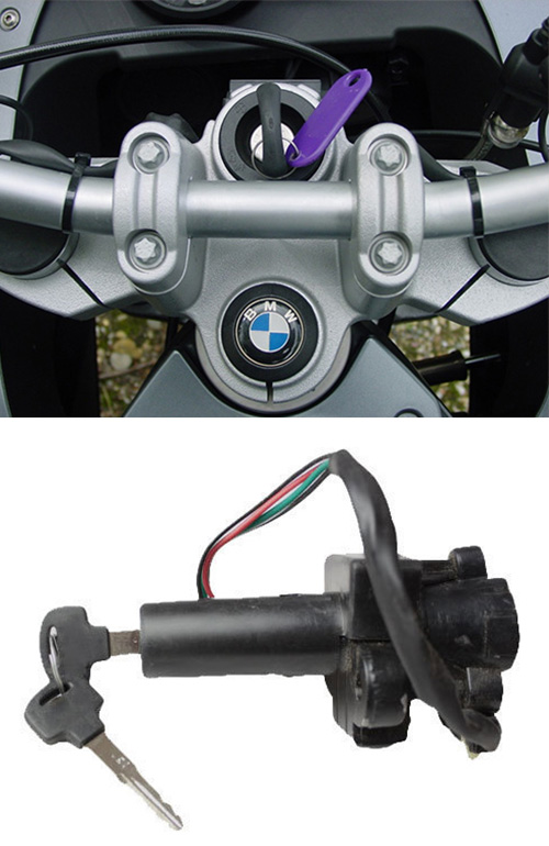 BMW motorcycle with a new key in it's ignition (top), and a motorcycle ignition (bottom) BMW motorcycle with a new key in it's ignition (top), and a motorcycle ignition (bottom)