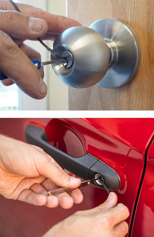 using professional lock pick tools to open a commercial door knob lock (top) and an automotive door lock (bottom)
