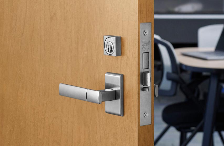 commercial-grade mortise lock on an office door