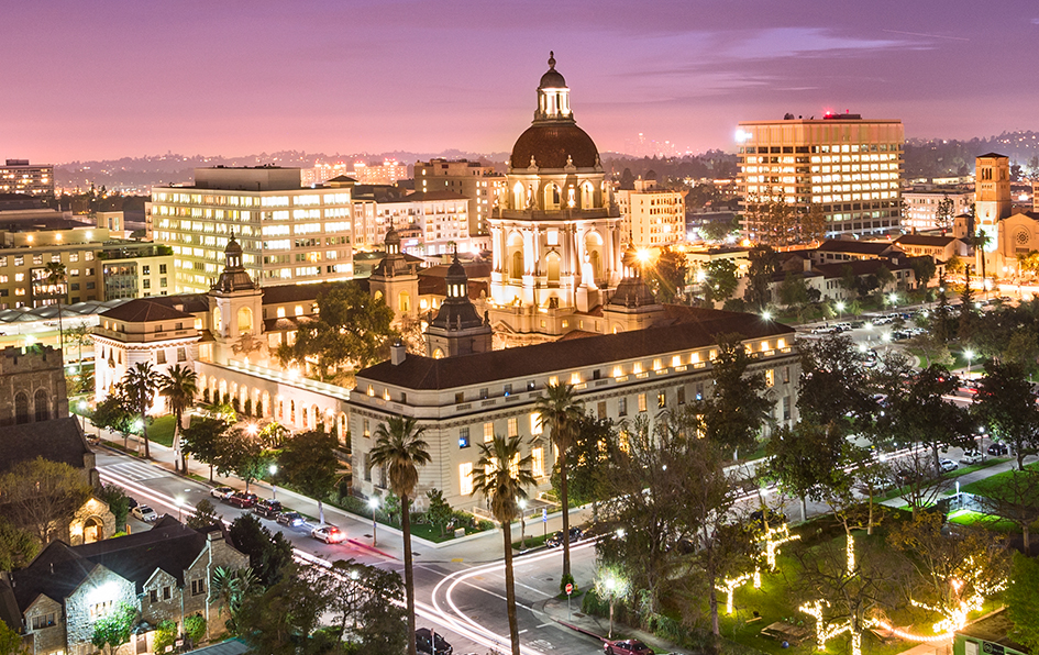 A nighttime view of Pasadena, CA.